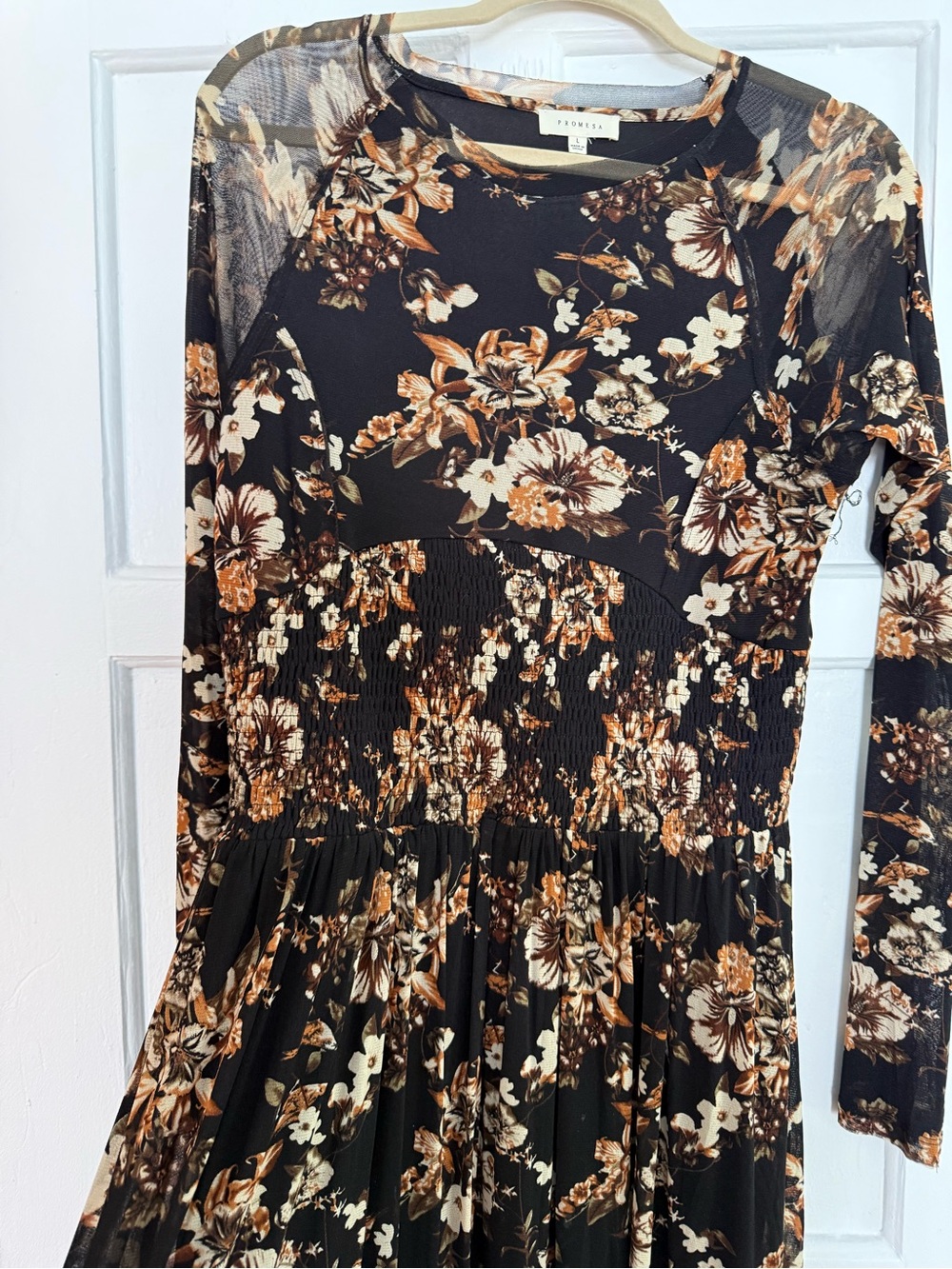Promesa Black Floral Long Sleeve Smocked Waist Dress